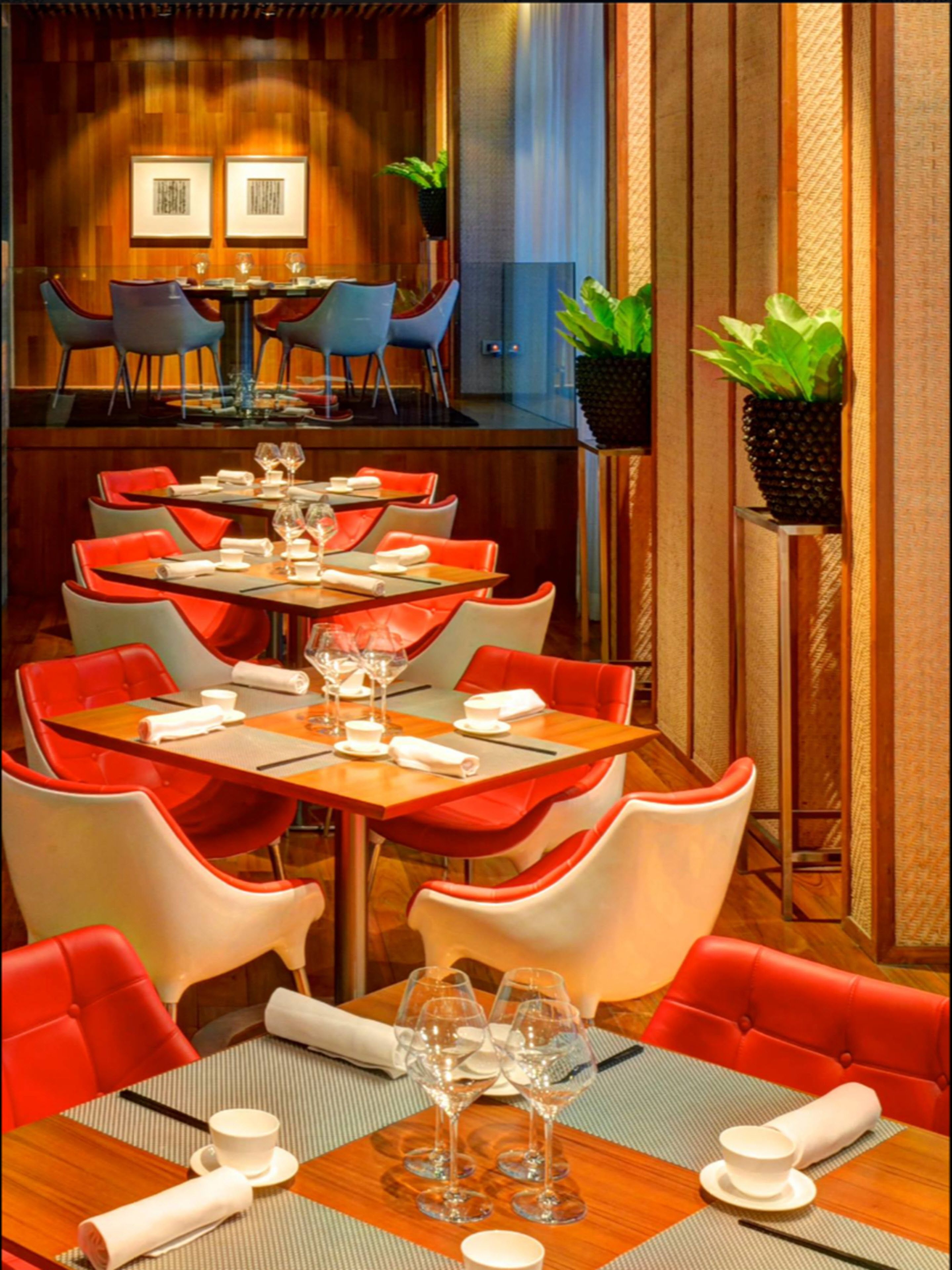 A restaurant with multiple tables and chairs, some with red cushions. There are potted plants on the side.