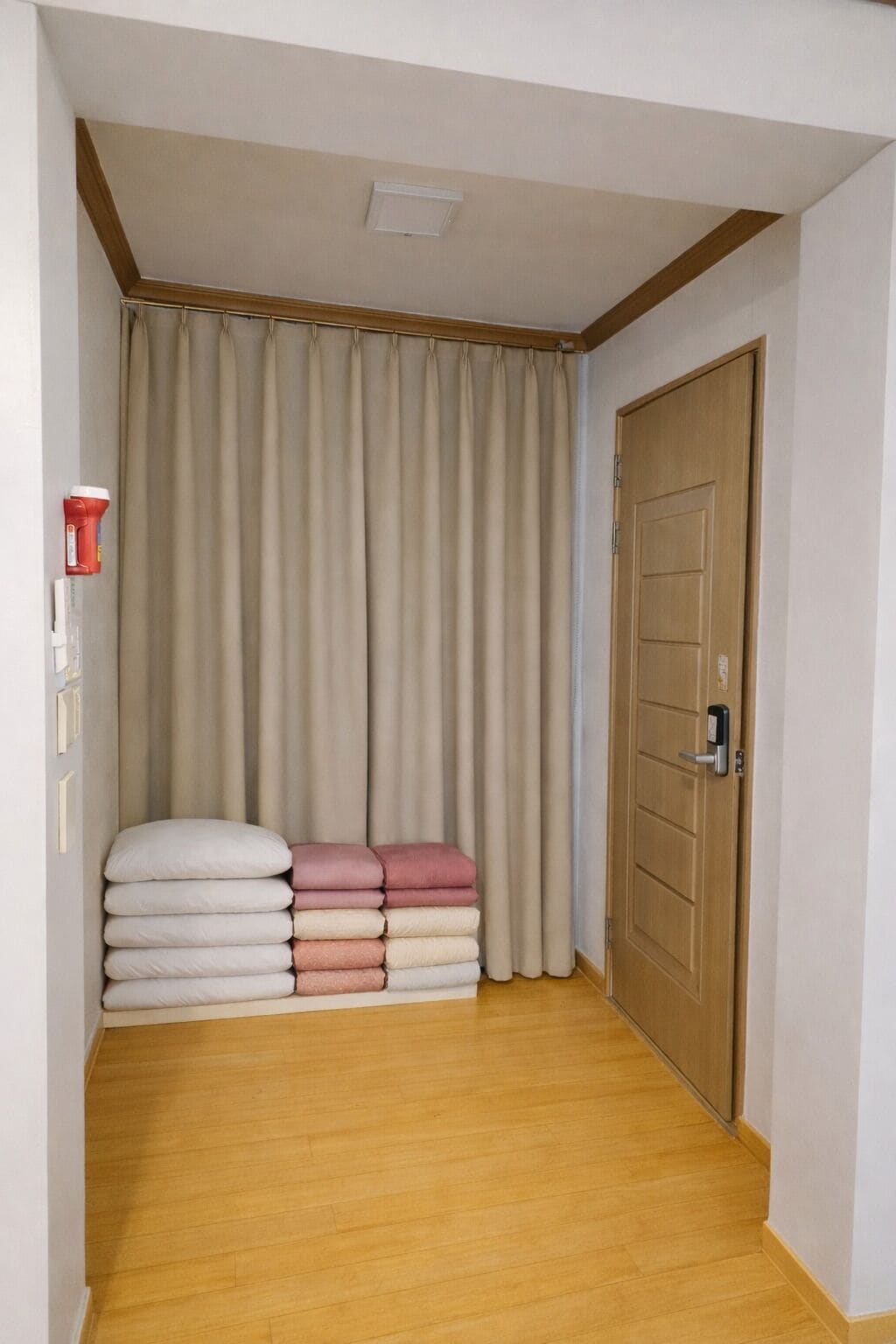 Un couloir doté d’un plancher en bois, de rideaux beiges, d’une pile de serviettes pliées et d’une porte munie d’une serrure.