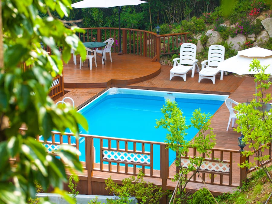 Outdoor pool, pool umbrellas