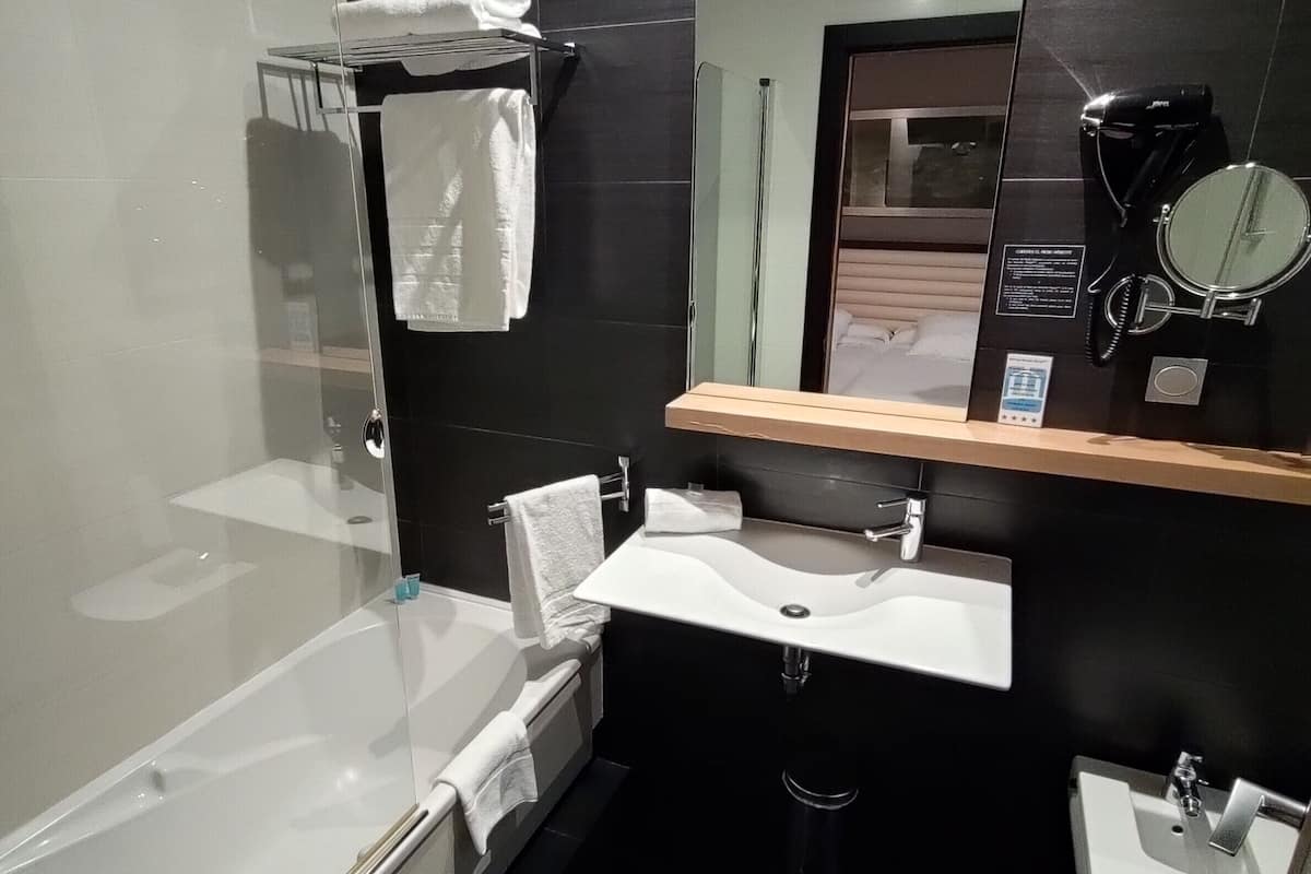 combined shower/bathtub, free toiletries, hair dryer, towels