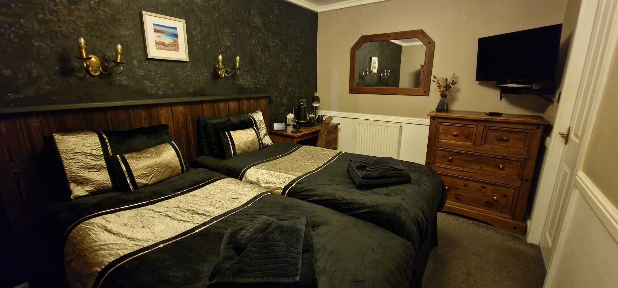 A bedroom with two beds, a dresser, a mirror, a television, and a framed picture on the wall.