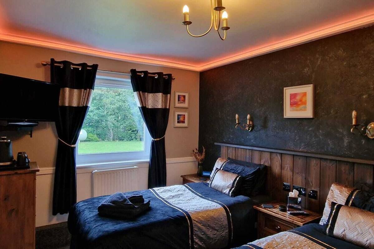 Un dormitorio con dos camas, televisión, cafetera y ventana con cortinas.