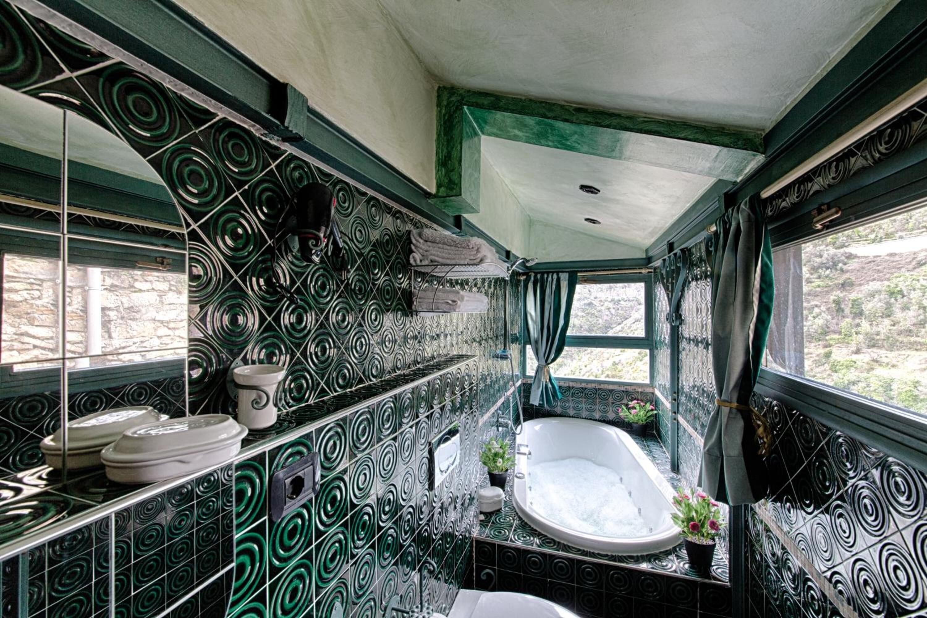 hydromassage showerhead, hair dryer, towels, soap