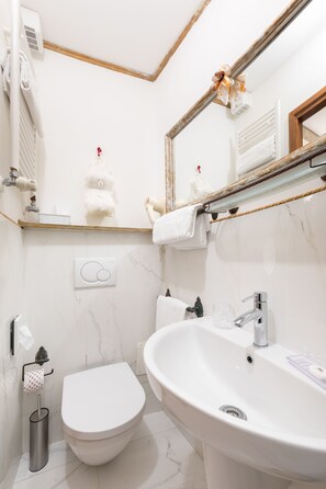 Small Double Room | Bagno | Doccia, set di cortesia gratuito, asciugacapelli, asciugamani