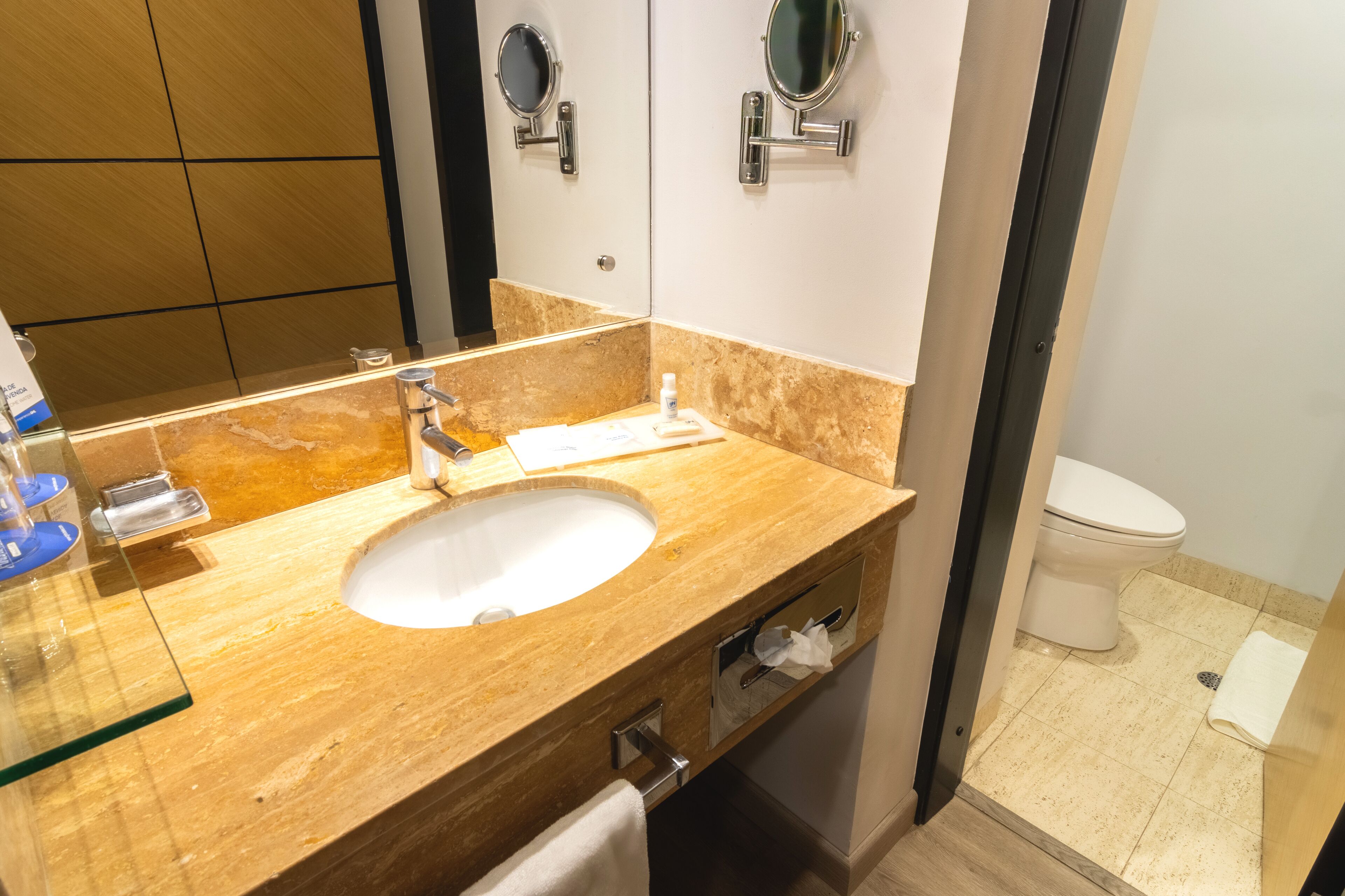 Baño con lavamanos, espejo, toallero y retrete.