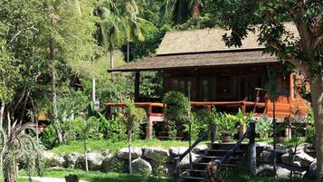 A wooden house surrounded by lush greenery and a stone staircase leading to a porch.