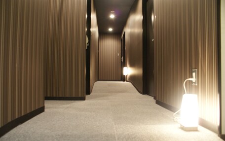 A hallway with a carpeted floor, wooden panel walls, and a wall-mounted light fixture.