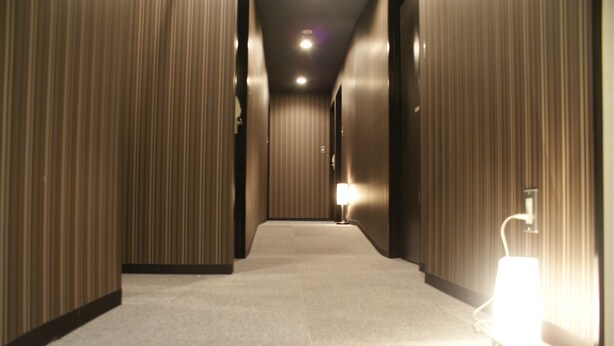 A hallway with a carpeted floor, wooden panel walls, and a wall-mounted light fixture. - HOTEL LiVEMAX Shin-Osaka (Osaka)