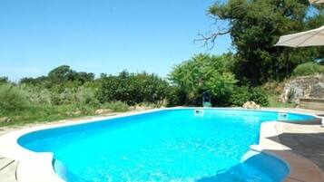 Seasonal outdoor pool, open 9:00 AM to 5:00 PM, pool umbrellas