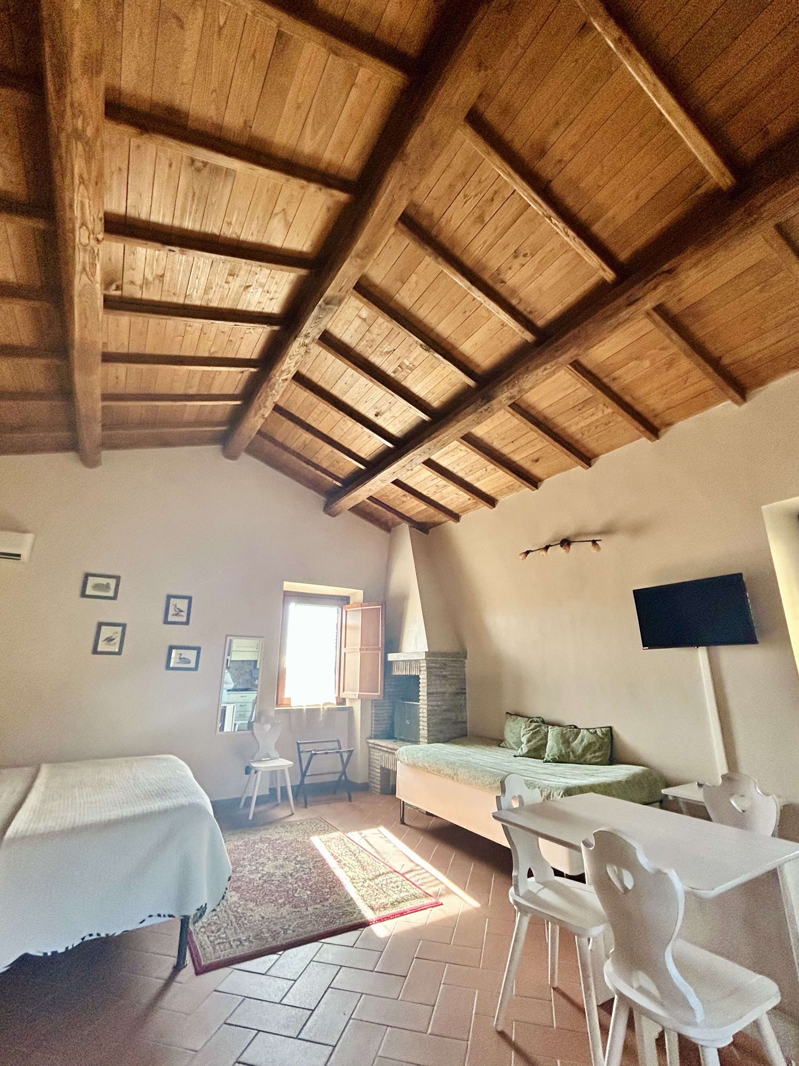 A cozy room with a sloped wooden ceiling, a bed with a green pillow, a table with chairs, and a TV mounted on the wall.