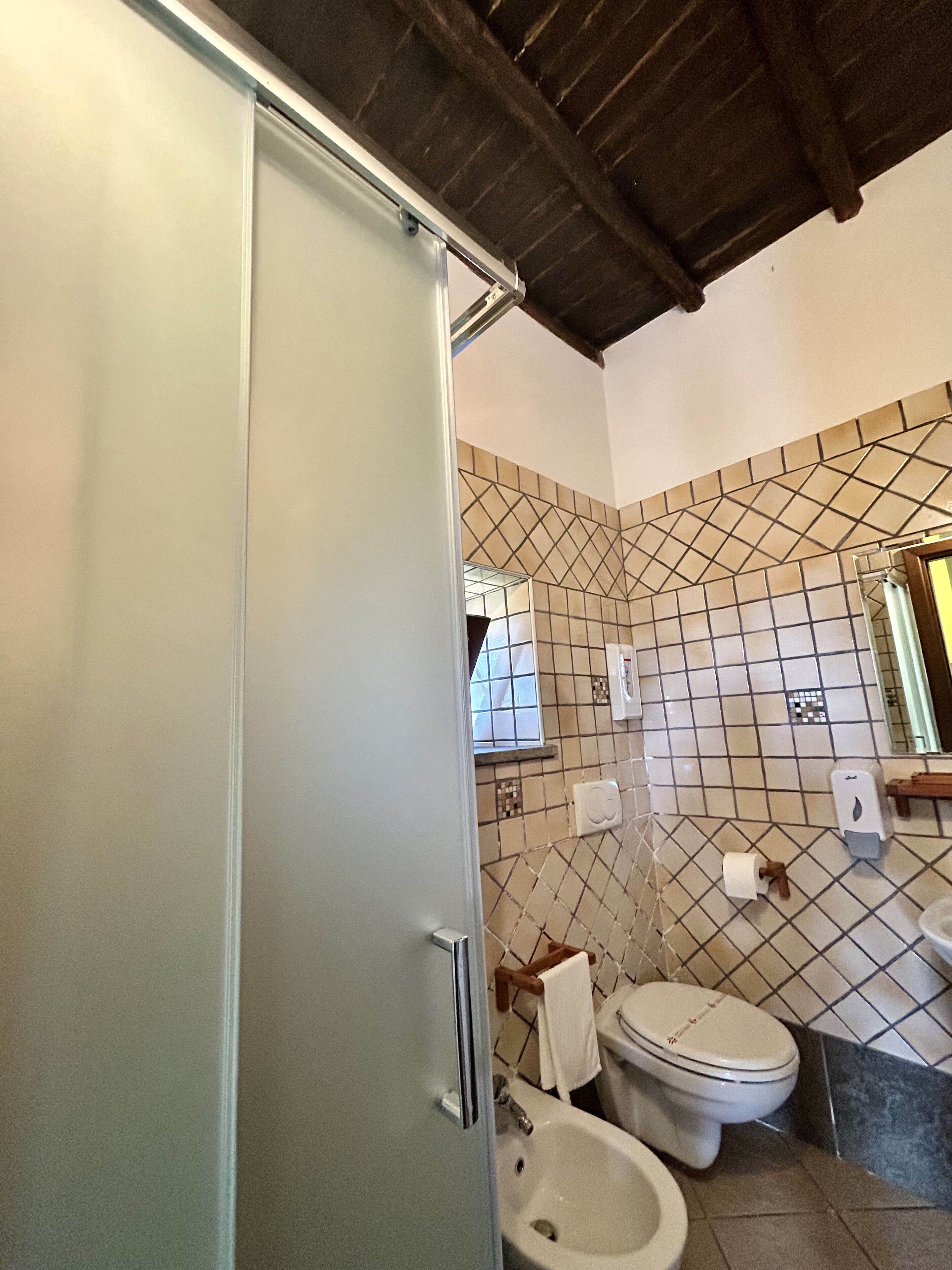 A bathroom with a toilet, bidet, and a glass shower door.