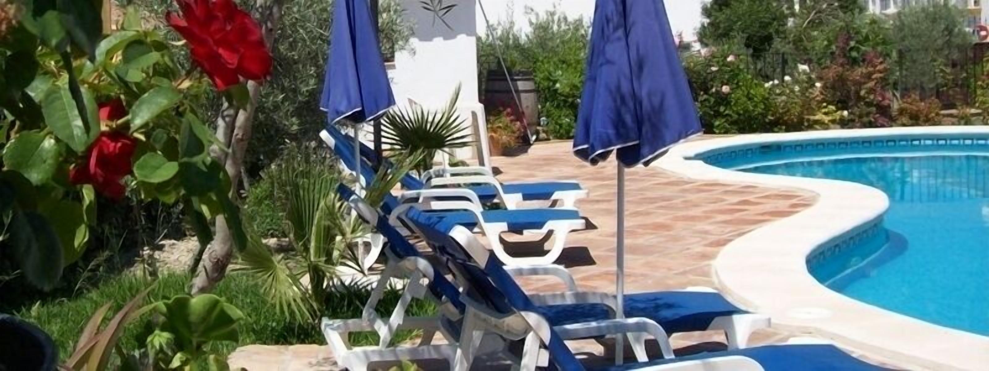 Zona de piscina amb gandules i ombrelles, envoltada de vegetació i una piscina.