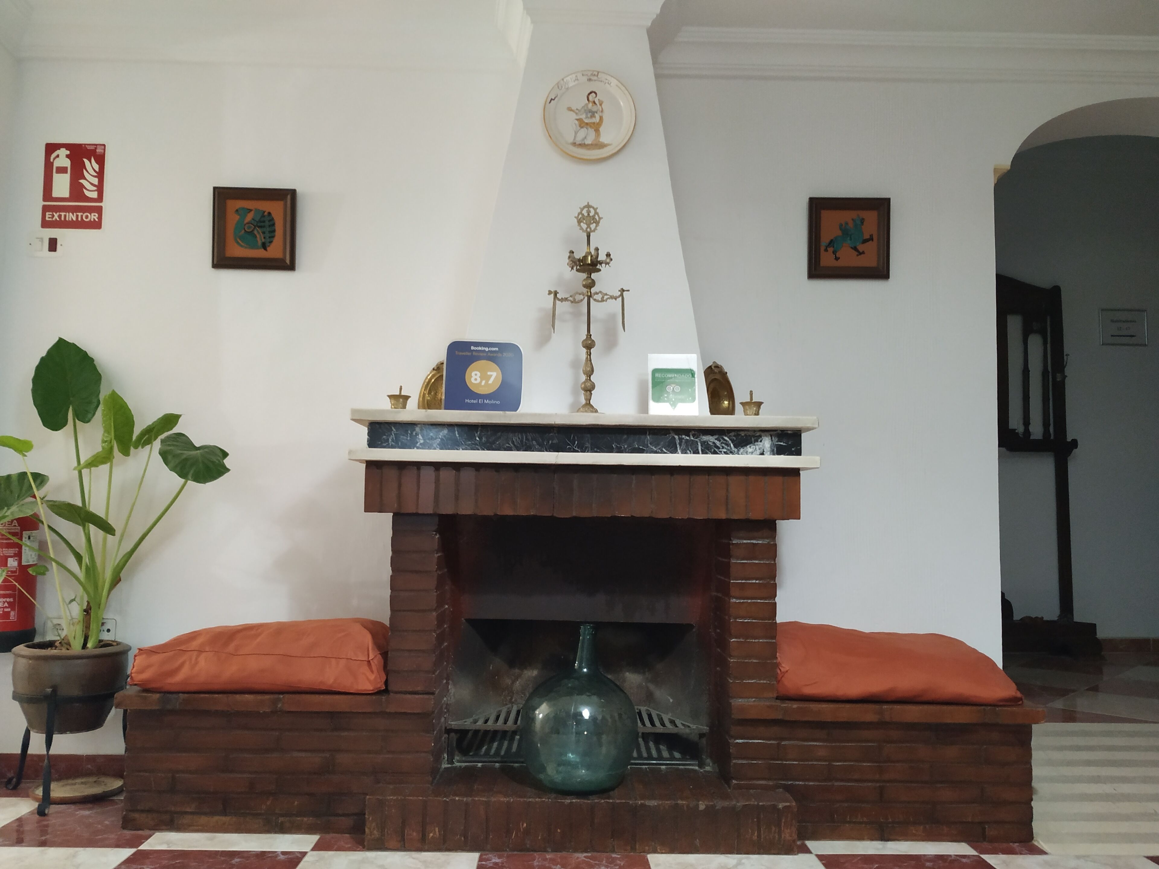 A room with a fireplace, a potted plant, and a check-in counter.