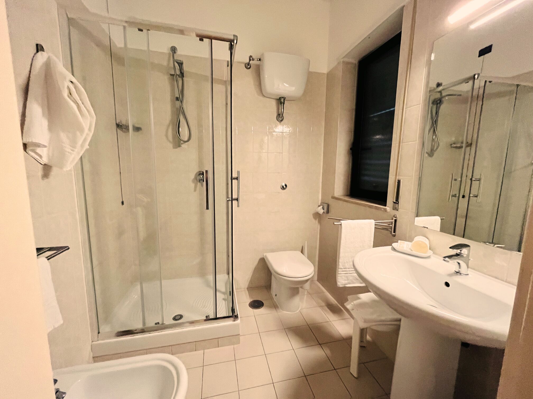 A modern bathroom with a glass-enclosed shower, a toilet, a sink, and a mirror.