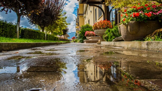 Una calle mojada que refleja edificios y árboles, con macetas en la acera.