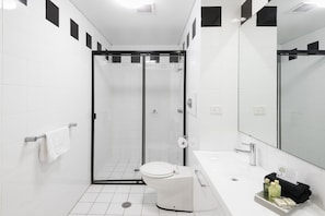 Shower, free toiletries, hair dryer, towels