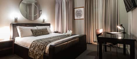 Desk, blackout curtains, iron/ironing board, free WiFi