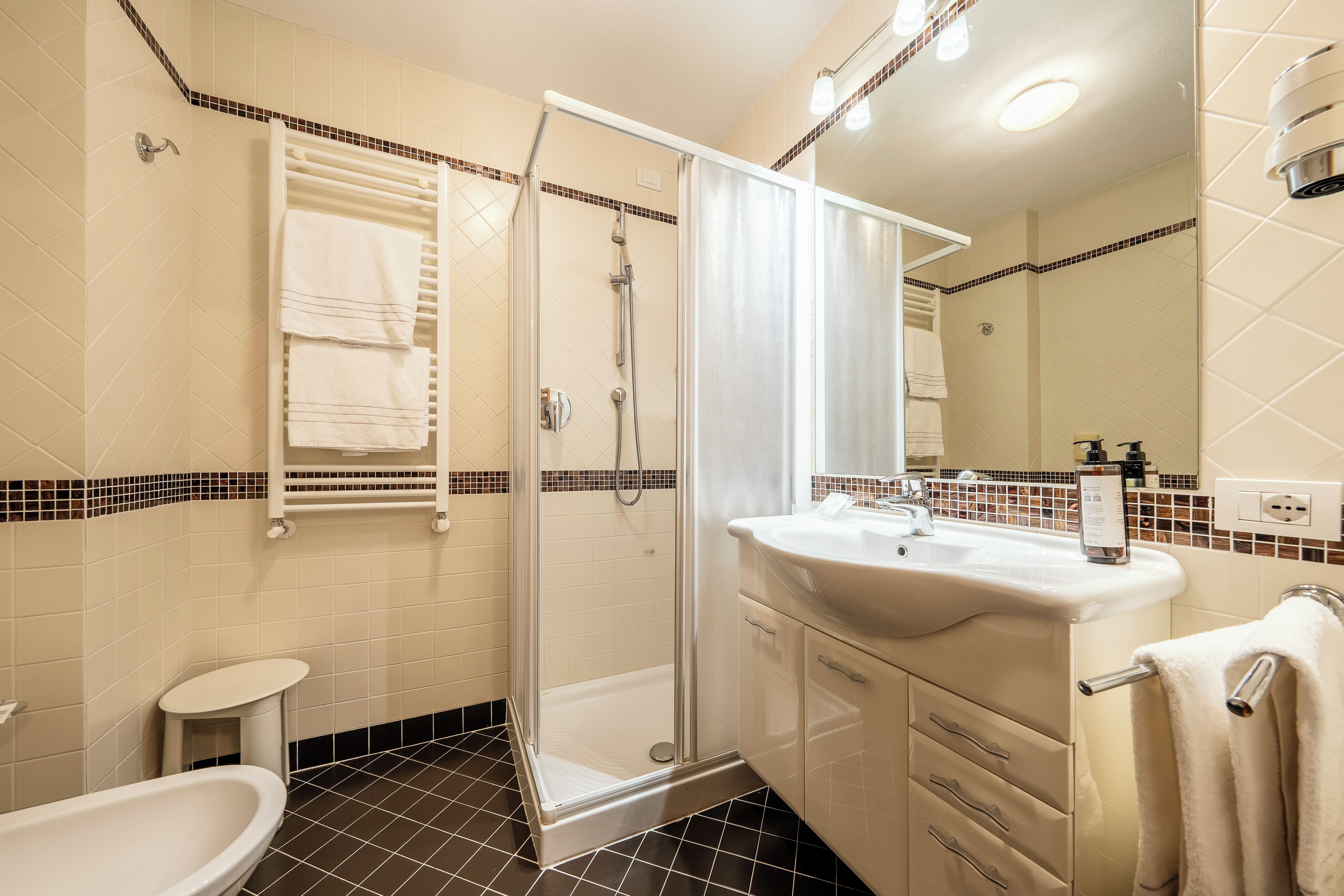 A modern bathroom with a glass shower enclosure, a white sink, and a toilet.