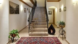 Una imponente escalera con barandilla negra, alfombra estampada y plantas decorativas.