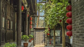 Un estrecho callejón con arquitectura tradicional, plantas en macetas y faroles rojos.