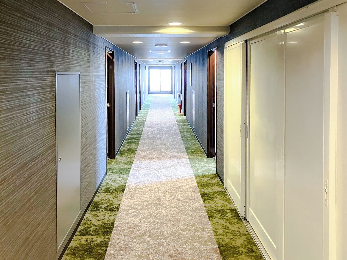 A long hallway with doors on both sides, a green carpet, and a fire extinguisher on the right wall.