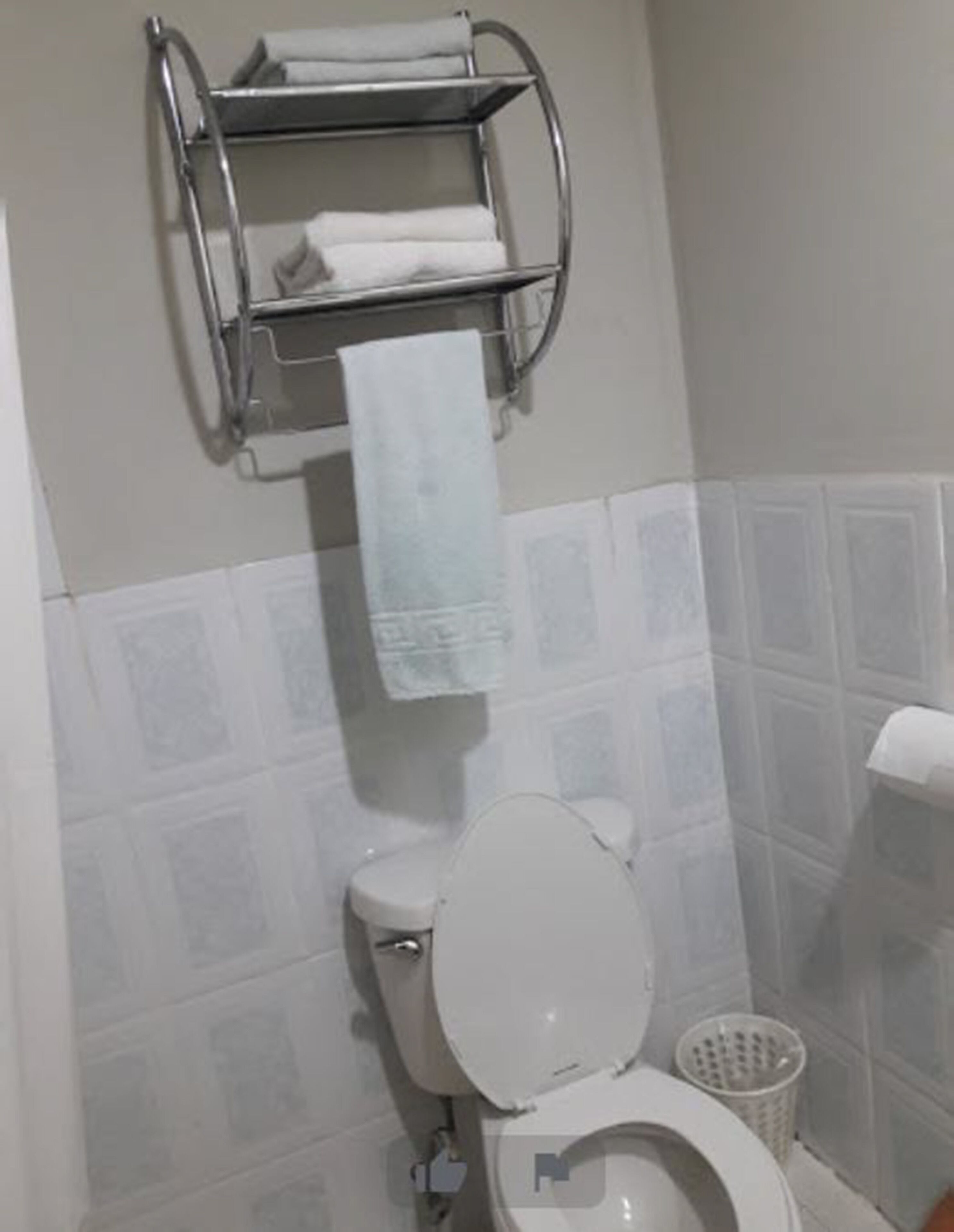 A bathroom with a toilet, a towel rack with a towel, and a basket.