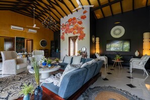 Premium-villa | Opholdsområde | 53-tommers LED-tv med premiumkanaler, pejs