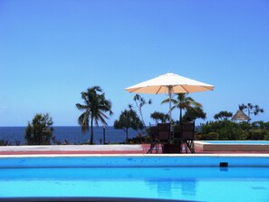 Alberca al aire libre, sombrillas en la alberca y camastros