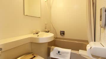 Combined shower/tub, hair dryer, electronic bidet, towels