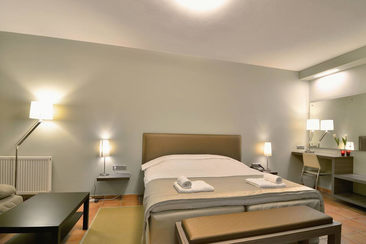 Una habitación de hotel con cama, mesitas de noche, escritorio, silla y espejo.