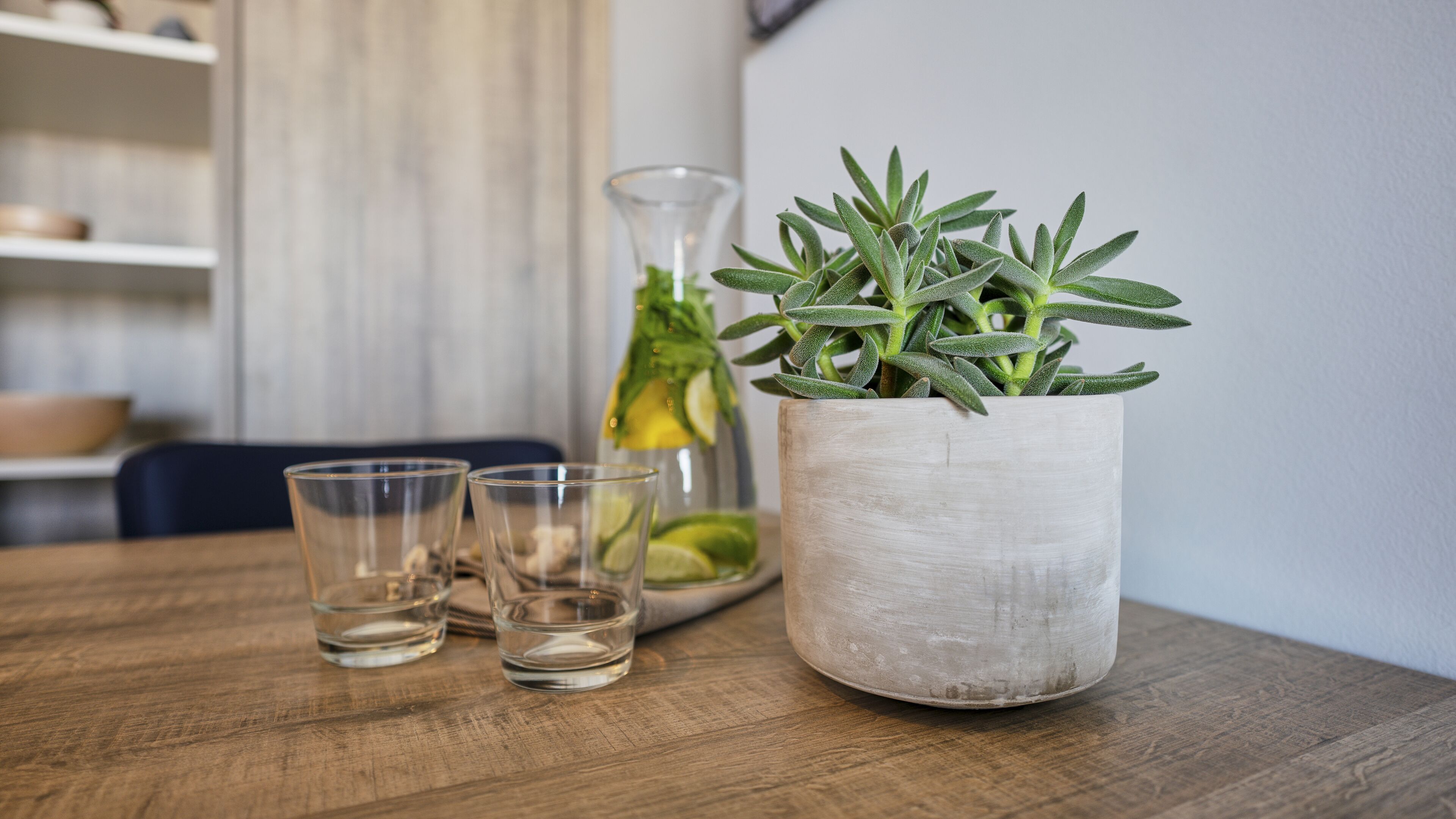 Una mesa de madera con una planta en maceta, dos vasos de agua y una botella de vidrio con una planta.