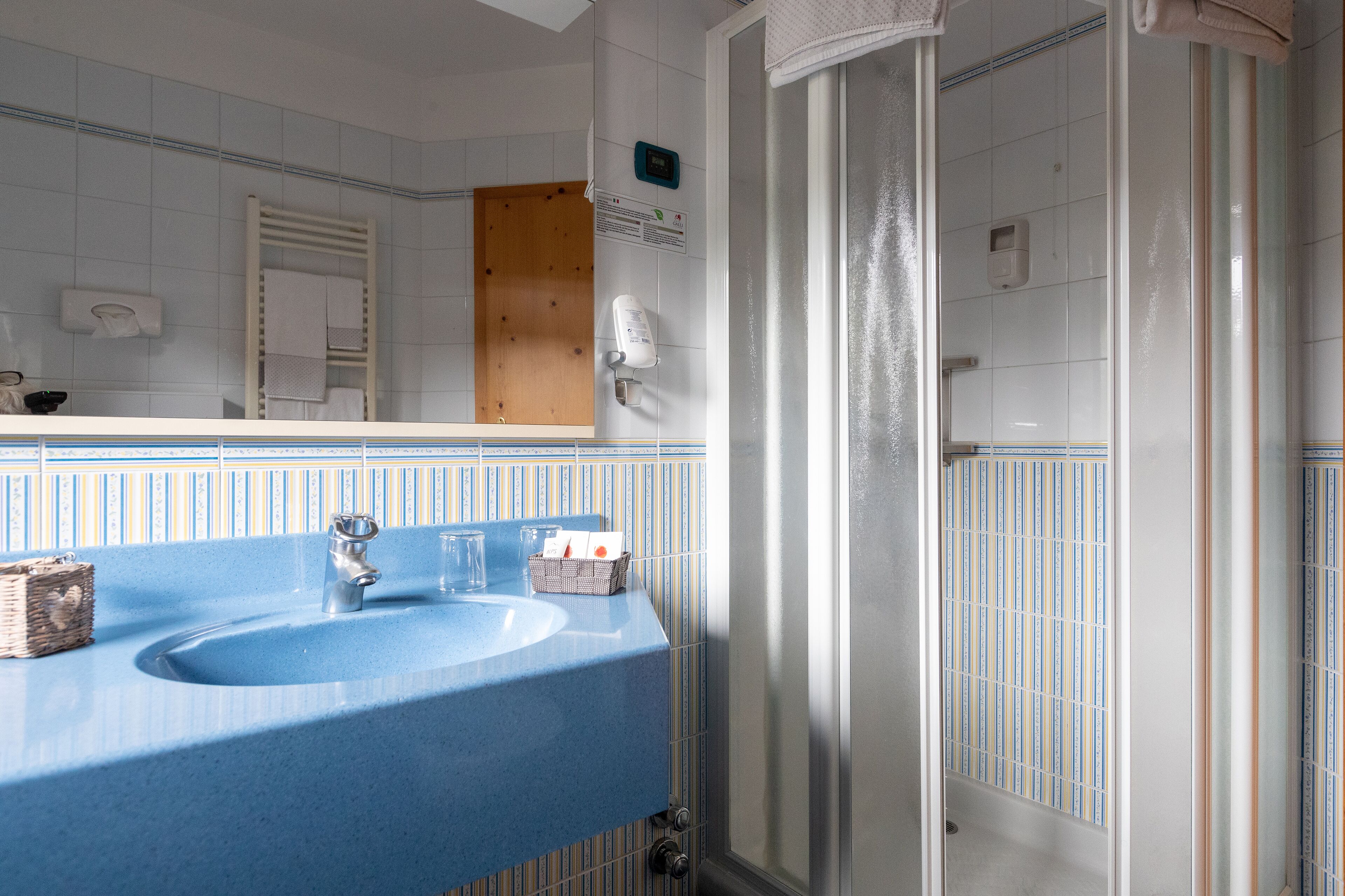 Ein Badezimmer mit blauem Waschbecken, einem Spiegel, einem Handtuchhalter und einer Duschkabine.