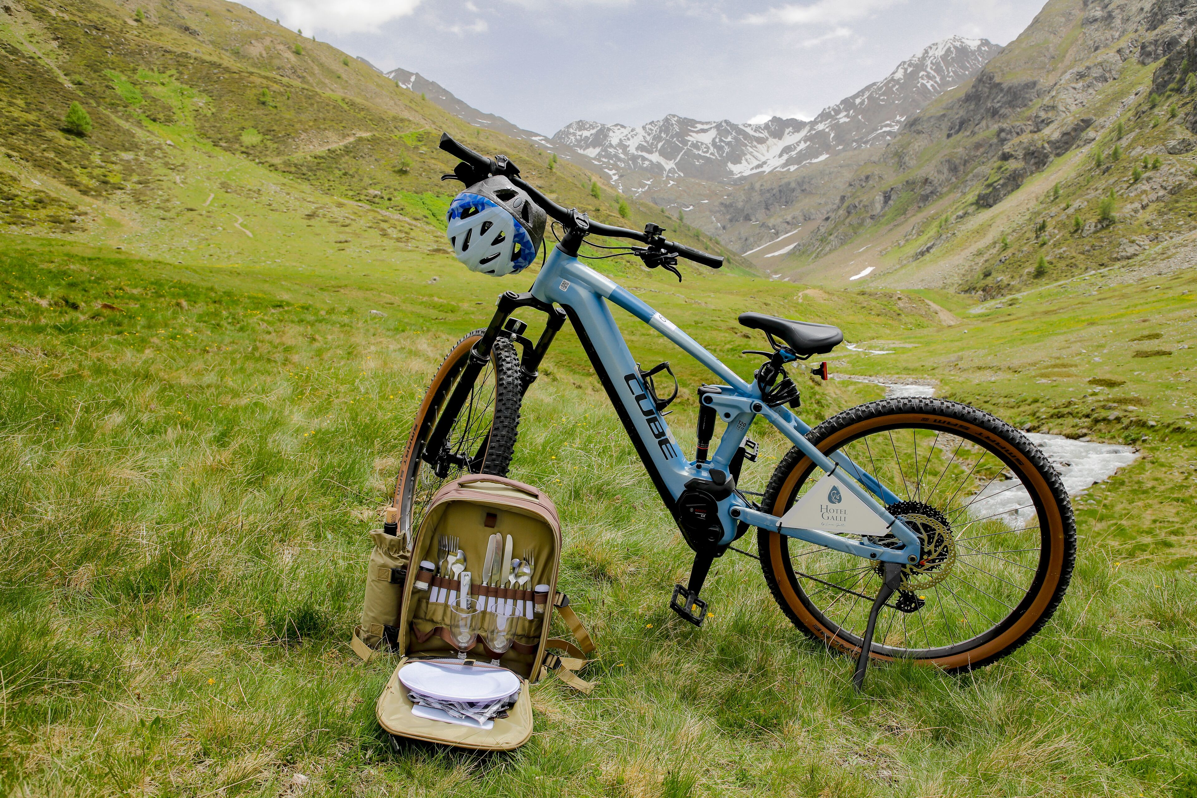 A mountain bike in a grassy field with a backpack and gear bag nearby.