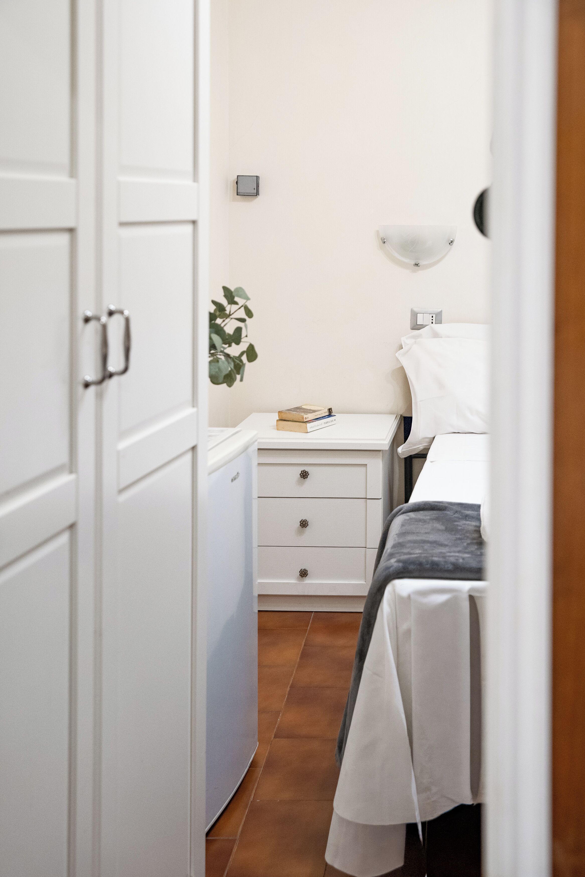 A narrow hotel room with a bed, a bedside table with a lamp, a small drawer unit, and a potted plant.