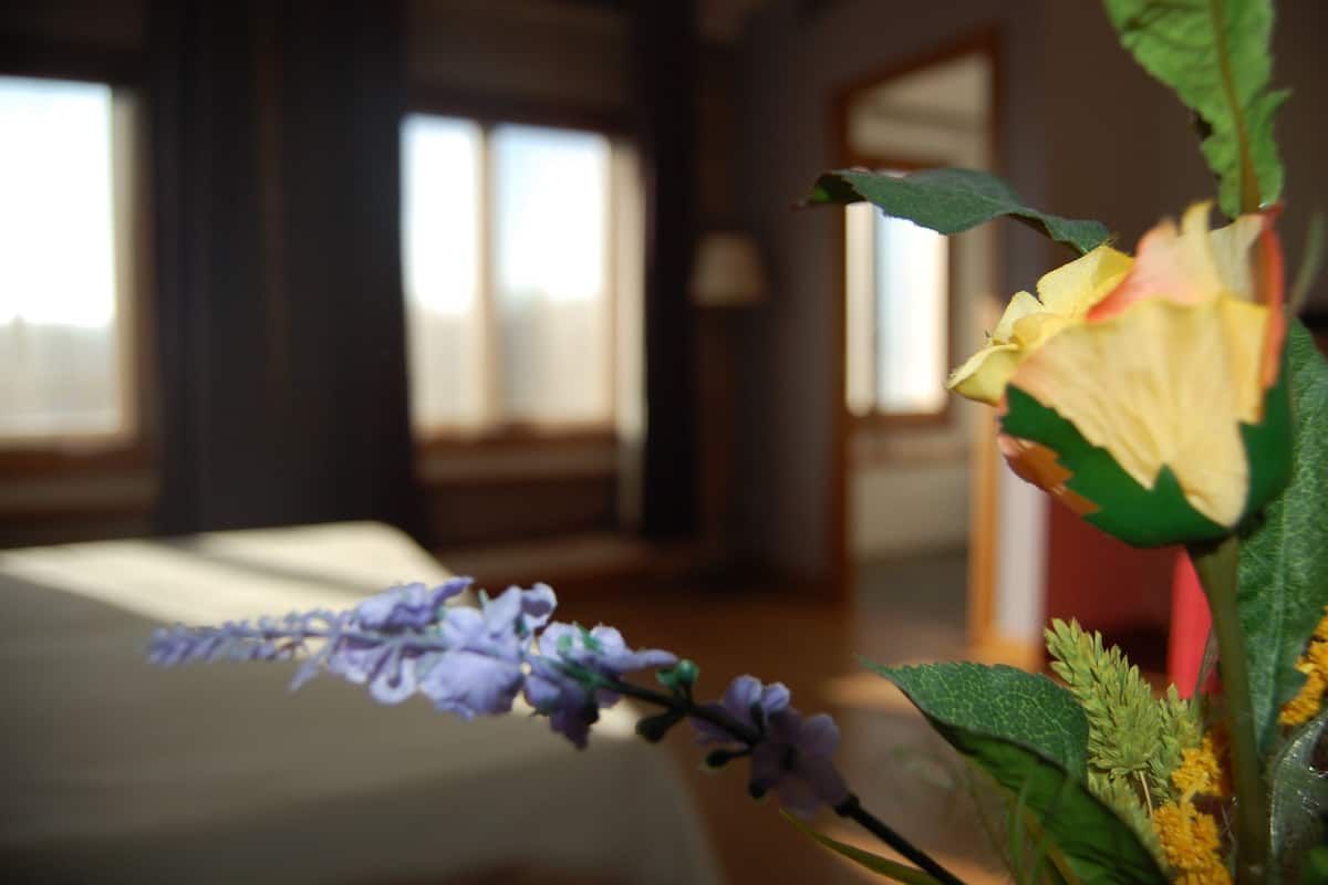 Una habitació amb un llit, una finestra i un ram de flors.