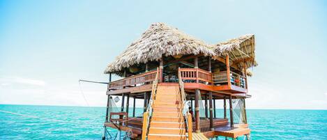A wooden overwater bungalow with a thatched roof, wooden deck, and a ladder leading to the entrance.