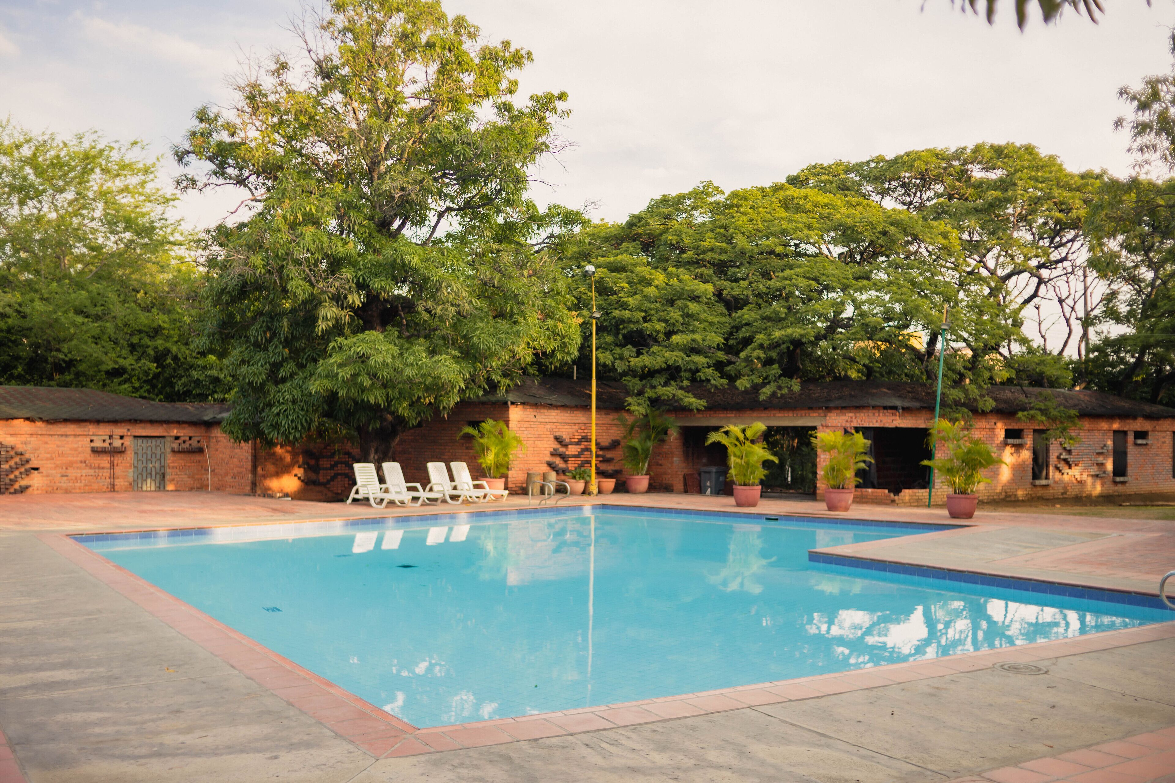 A rectangular swimming pool with a tiled edge, surrounded by a paved area with white lounge chairs.