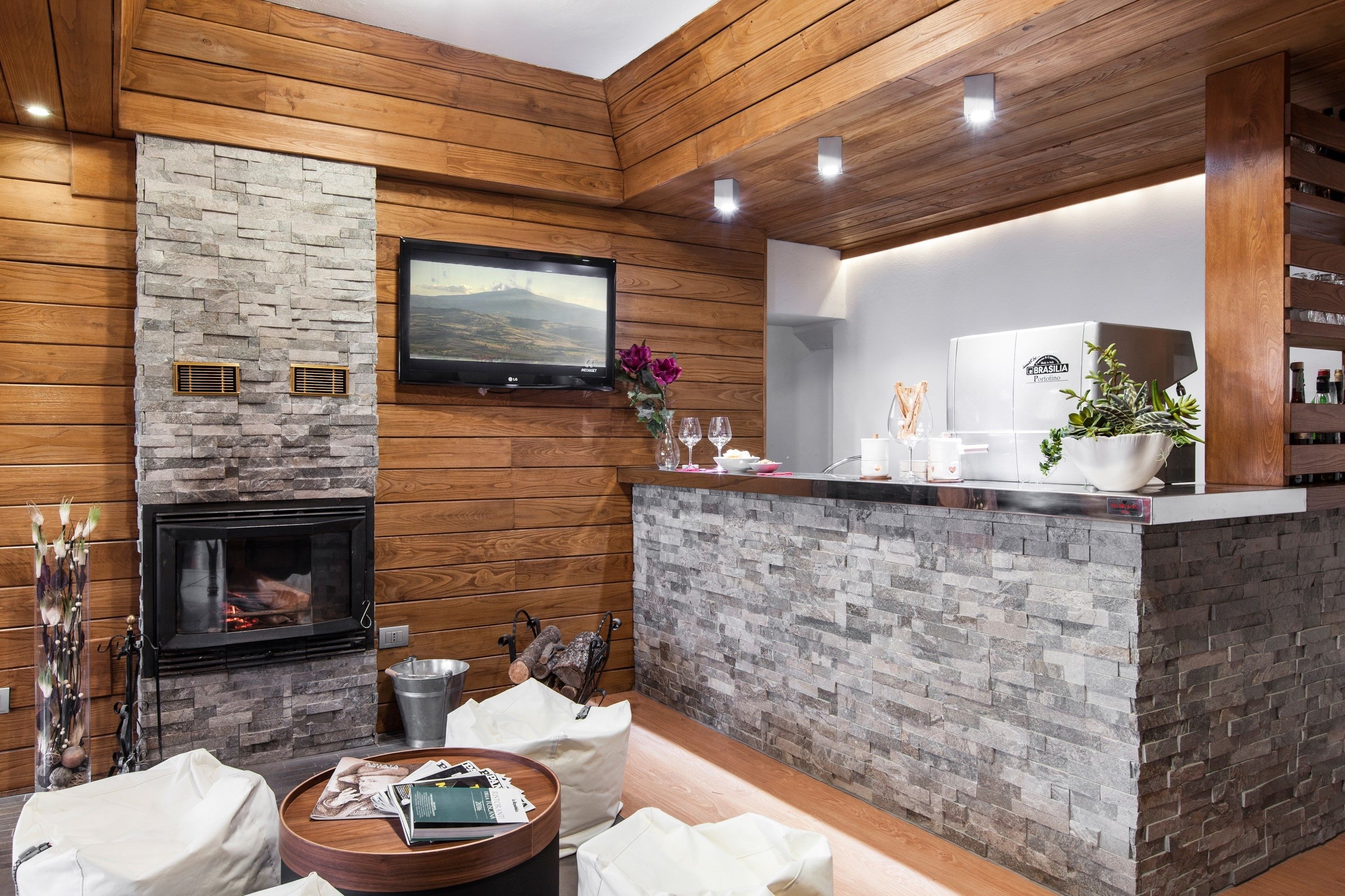 Een modern interieur met een stenen open haard, houten paneelbekleding, een televisie erboven en een bar met een koelkast.