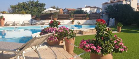 Seasonal outdoor pool, open 9:00 AM to 8:00 PM, pool umbrellas