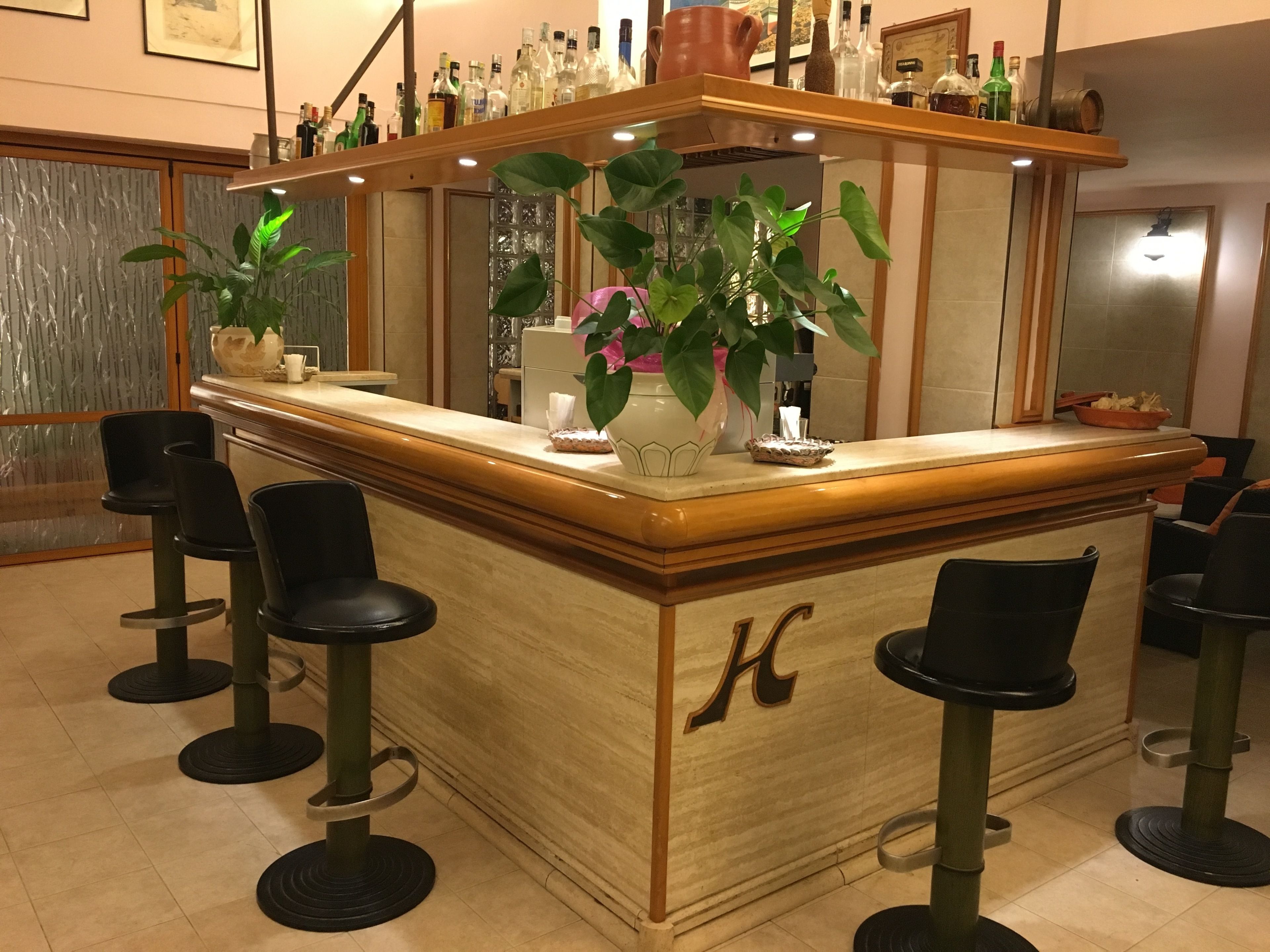Eine Bar mit Holztresen, mehreren Barhocker und Topfpflanzen.