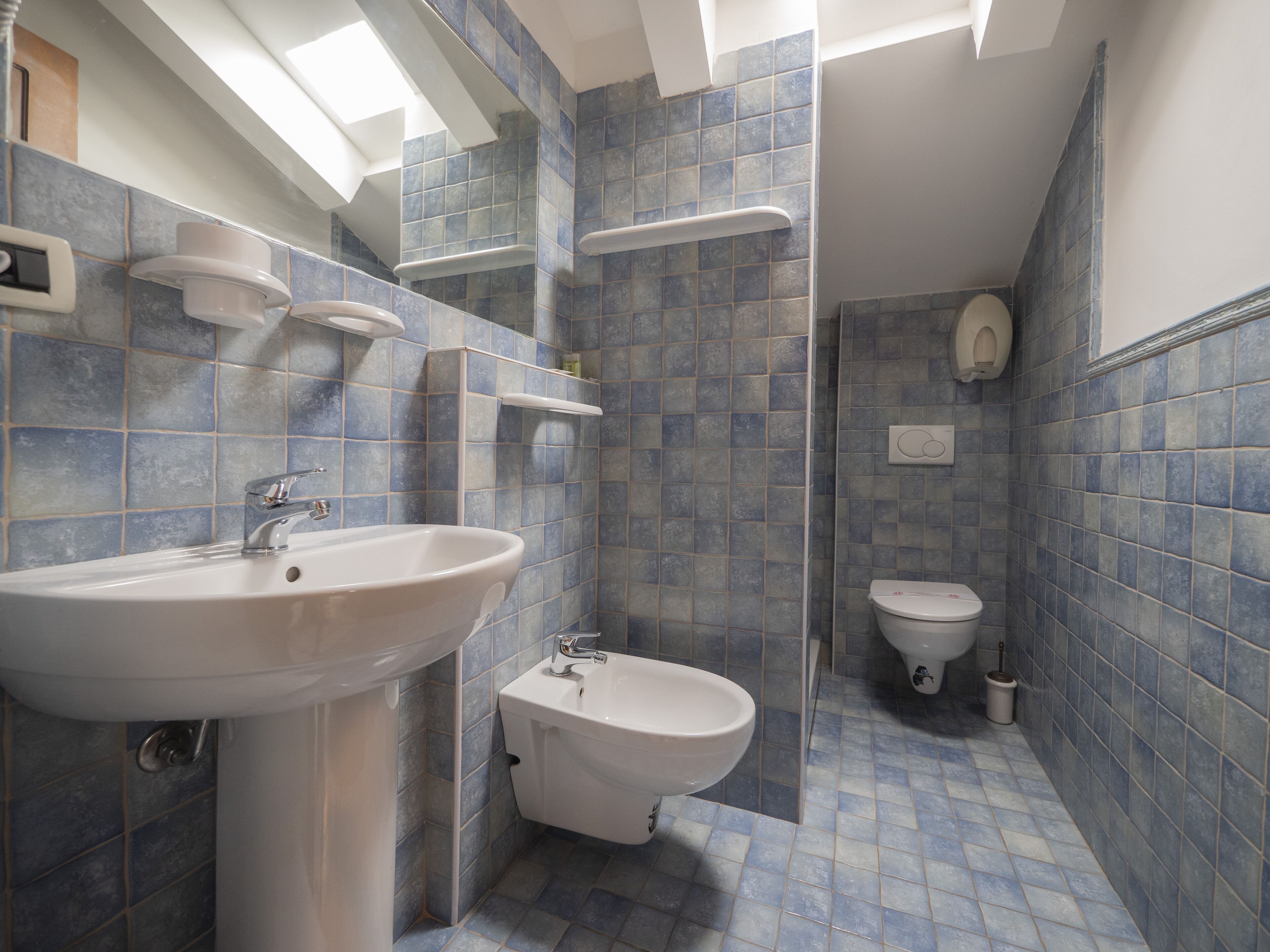 A bathroom with a sink, bidet, and shower.