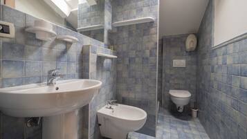 A bathroom with a sink, bidet, and shower.