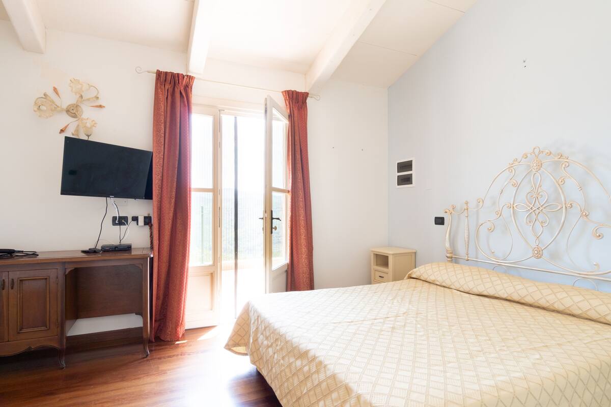 A bedroom with a bed, a desk, a TV, and a window with curtains.