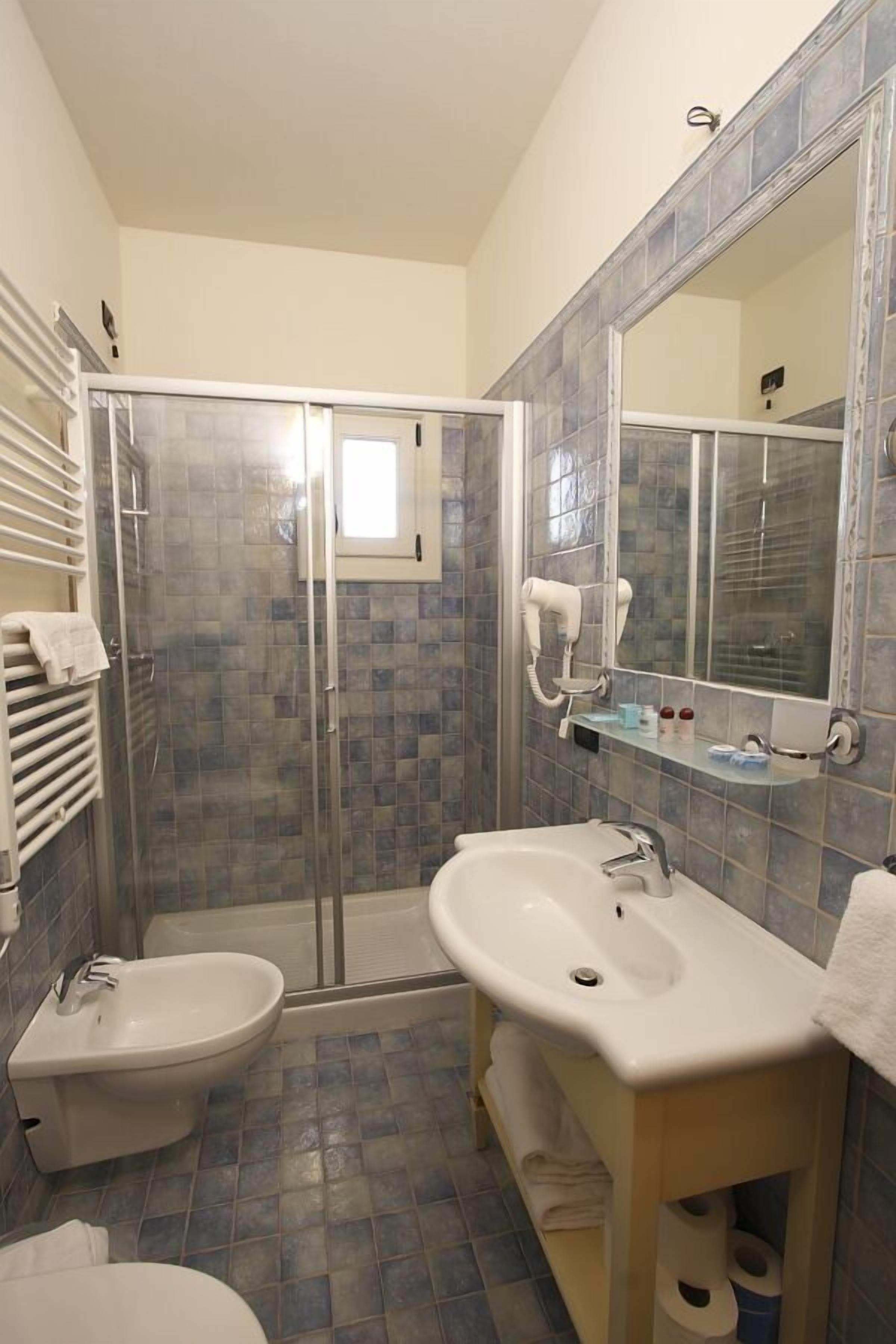 A bathroom with a shower, toilet, bidet, sink, and a large mirror.