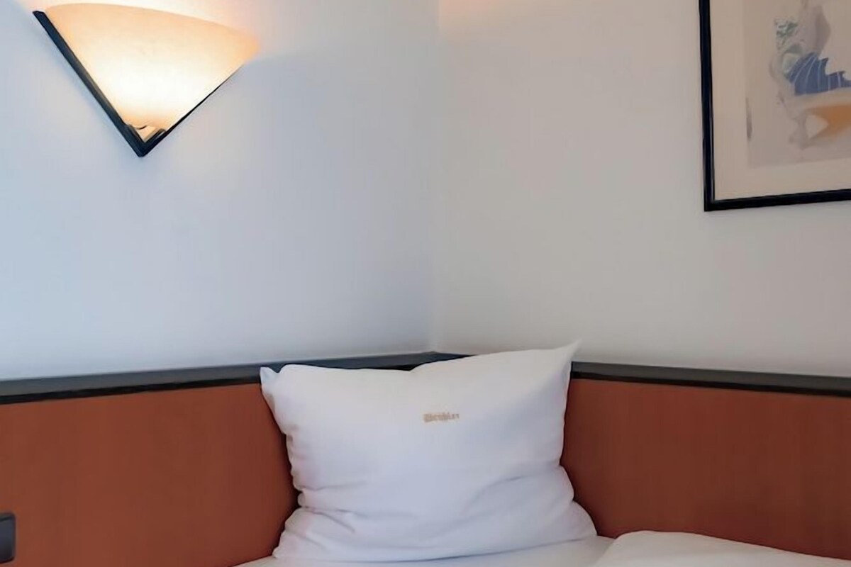 A single bed with a white mattress and a brown headboard, a wall-mounted light fixture, and a framed picture on the wall.