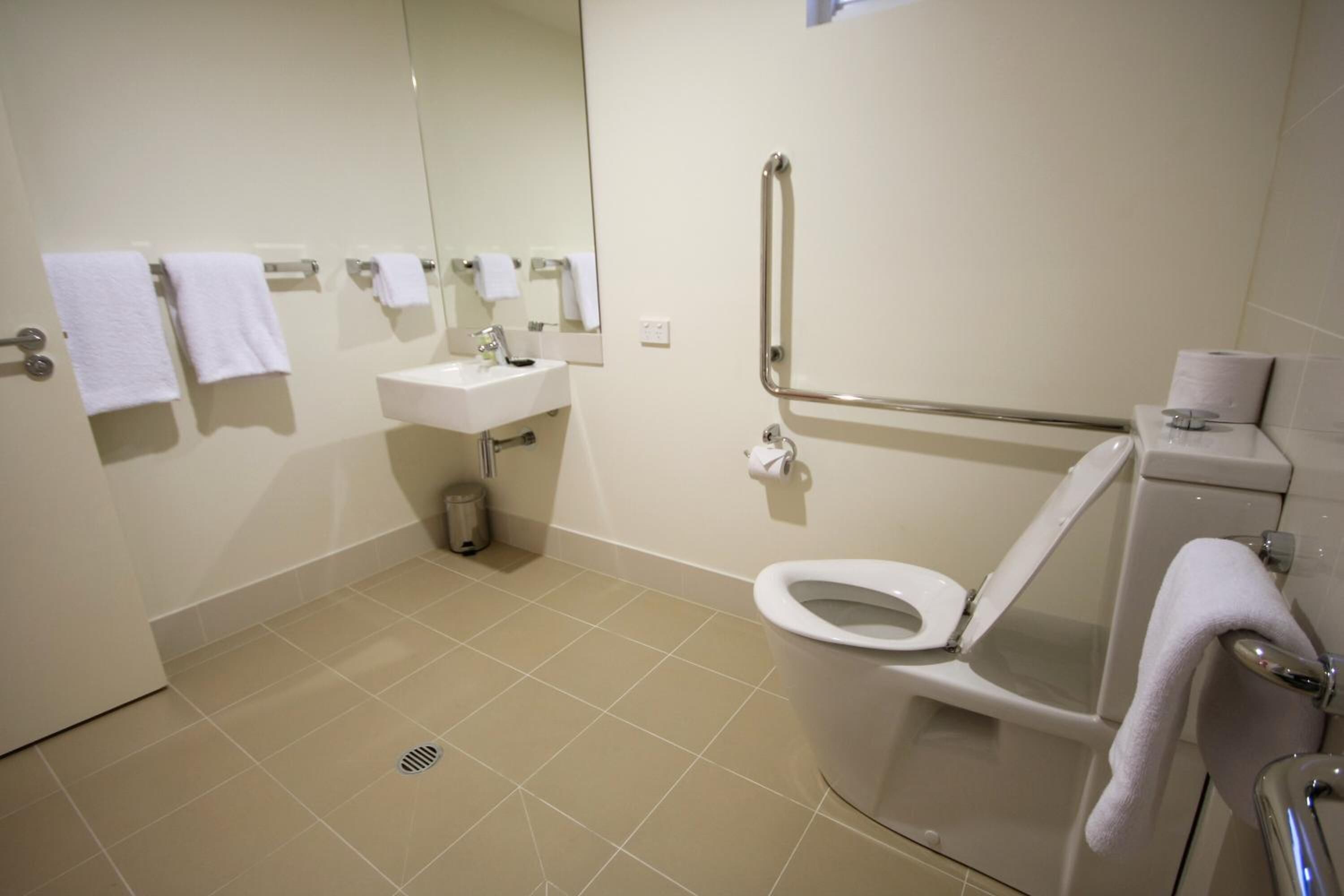 A bathroom with a toilet, sink, and handrails.