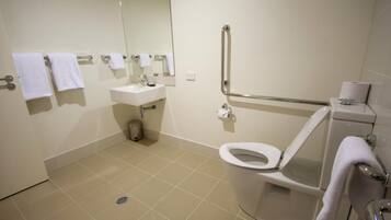 A bathroom with a toilet, sink, and handrails.