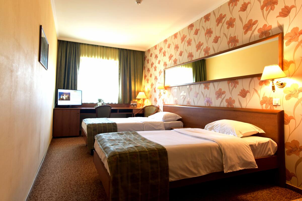 A hotel room with two single beds, a desk with a chair, a television, and a large mirror.