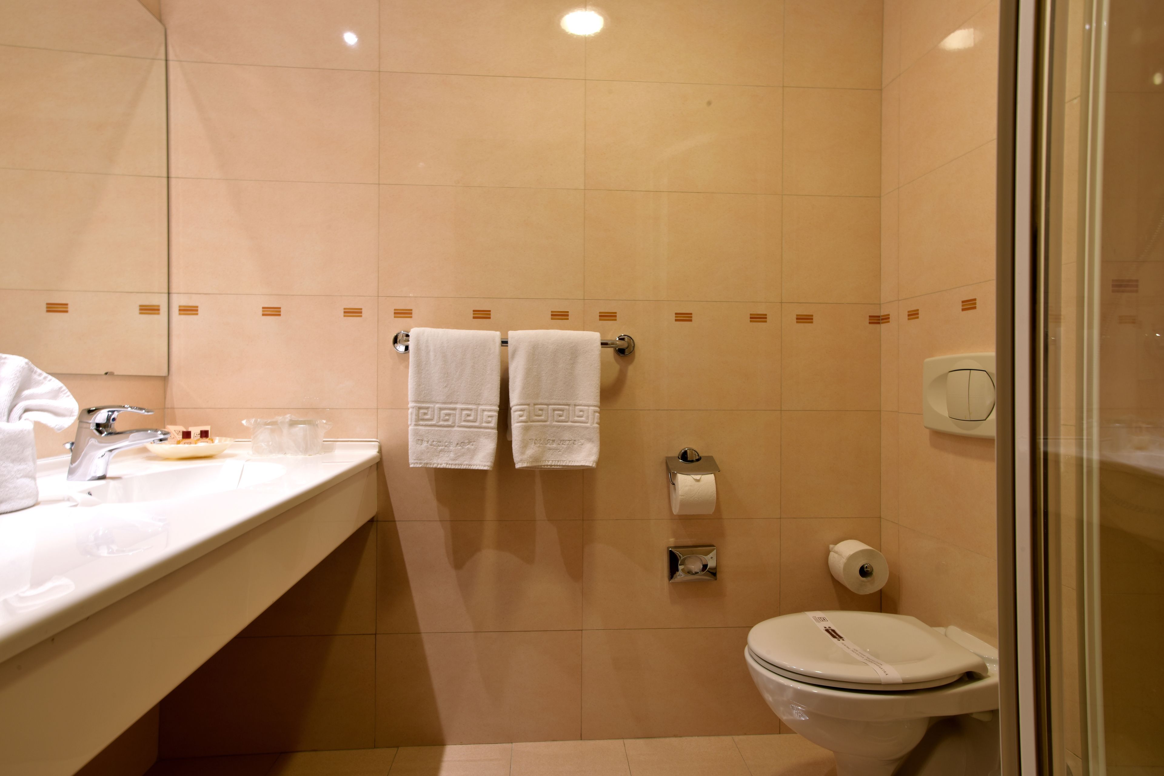 Un baño con lavamanos, espejo, toallero, inodoro y cabina de ducha de vidrio.