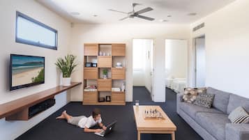 34-inch flat-screen TV with digital channels, TV, video game console